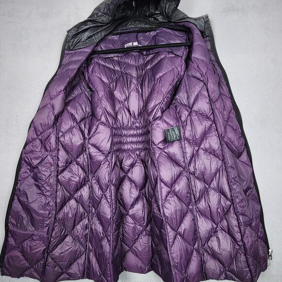 Steve Madden Puffer Jacket Womens Large Black Hooded Long Quilted Down Coat - Picture 9 of 12